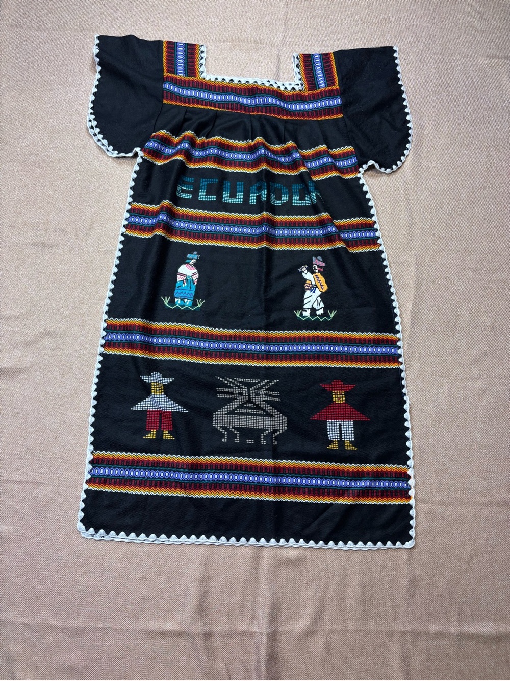 Ecuador Sundress MuMu Black Hand-Embroidered Slits 46" Huipil Dress
